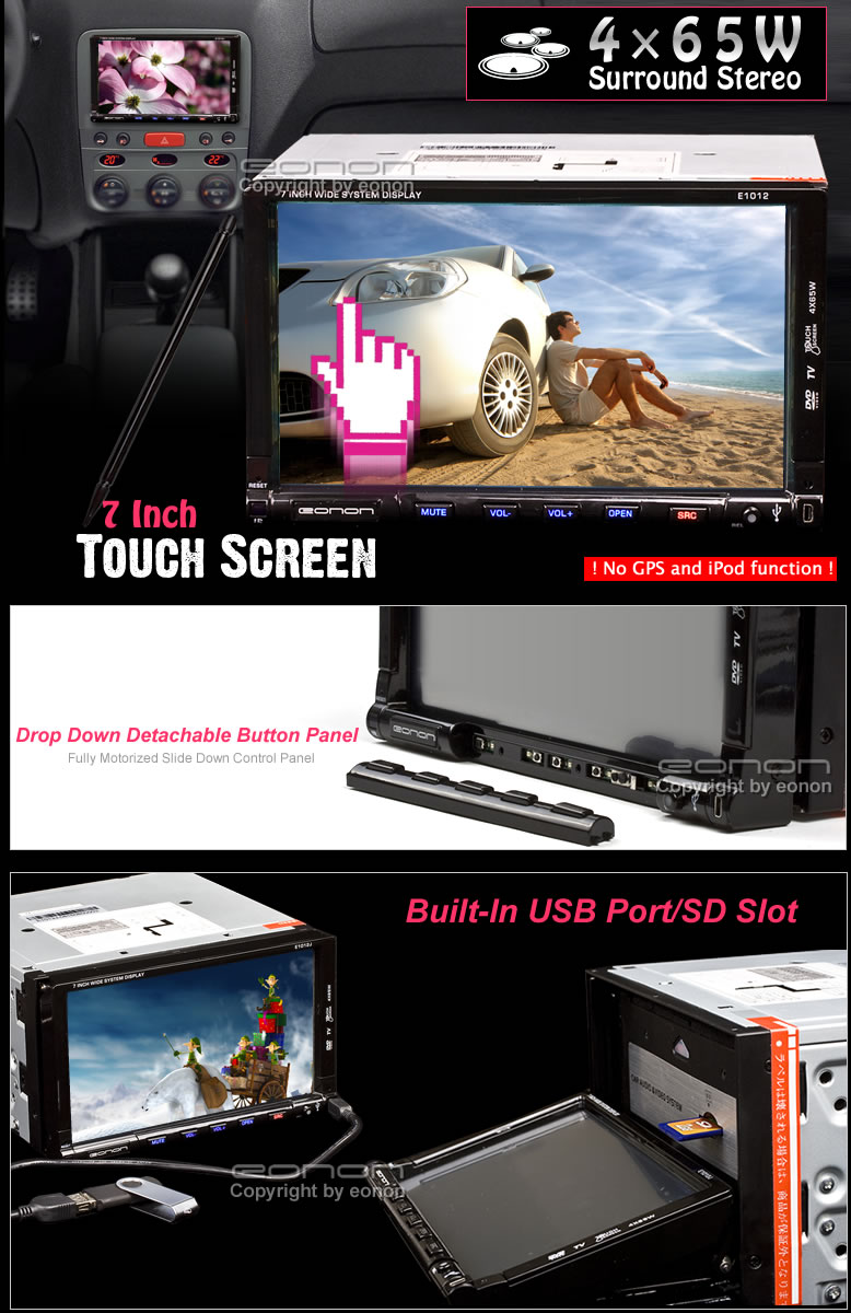 7 Inch Touch Screen 1 Din Car DVD Player - TV, Bluetooth, USB/SD(E1012)