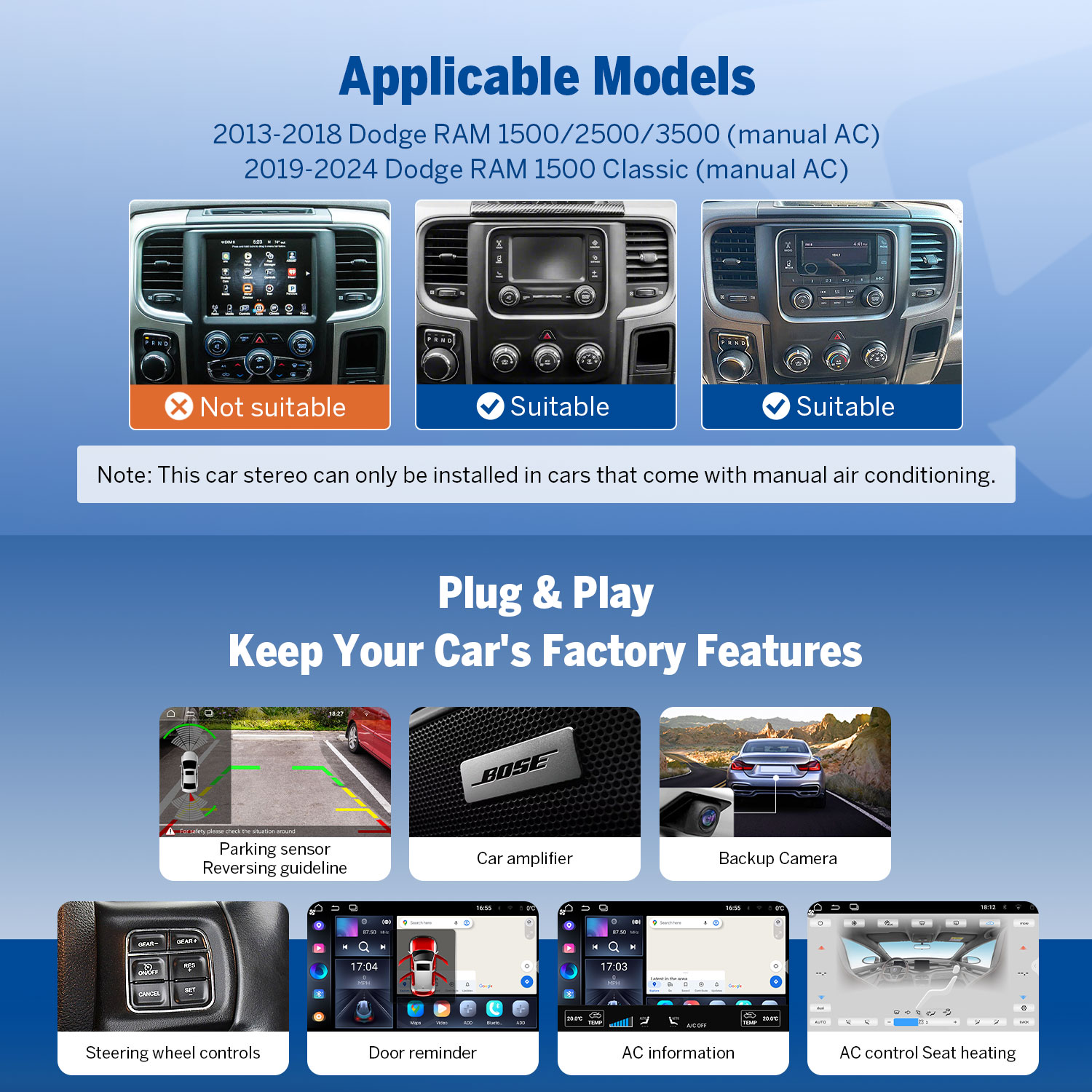 Eonon 9" Android 14 Head Unit with Wireless CarPlay & Android Auto for 2013-2018 Dodge RAM(1500-3500)
