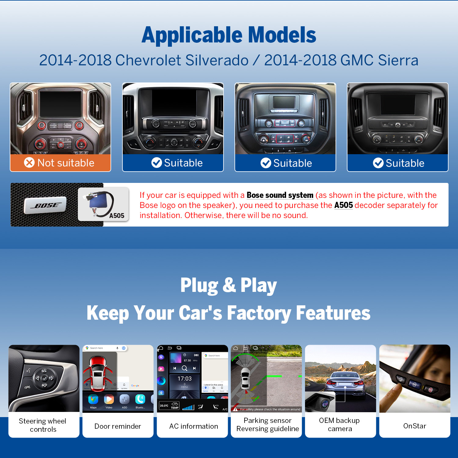 Eonon 10.1" Android 14 Car Radio with Wireless CarPlay & Android Auto for 2014-2018 Chevrolet Silverado and 2014-2018 GMC Sierra