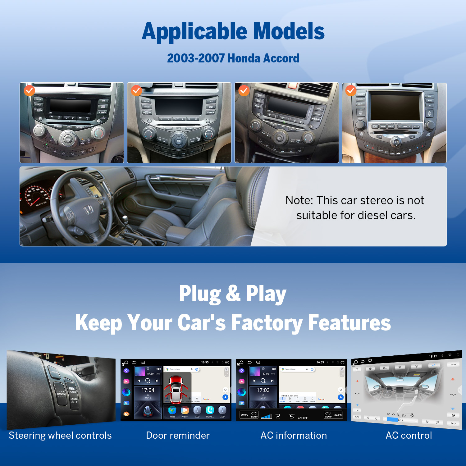 Eonon 10.1" Android 14 Car Radio with Wireless CarPlay & Android Auto for 2003-2007 Honda Accord