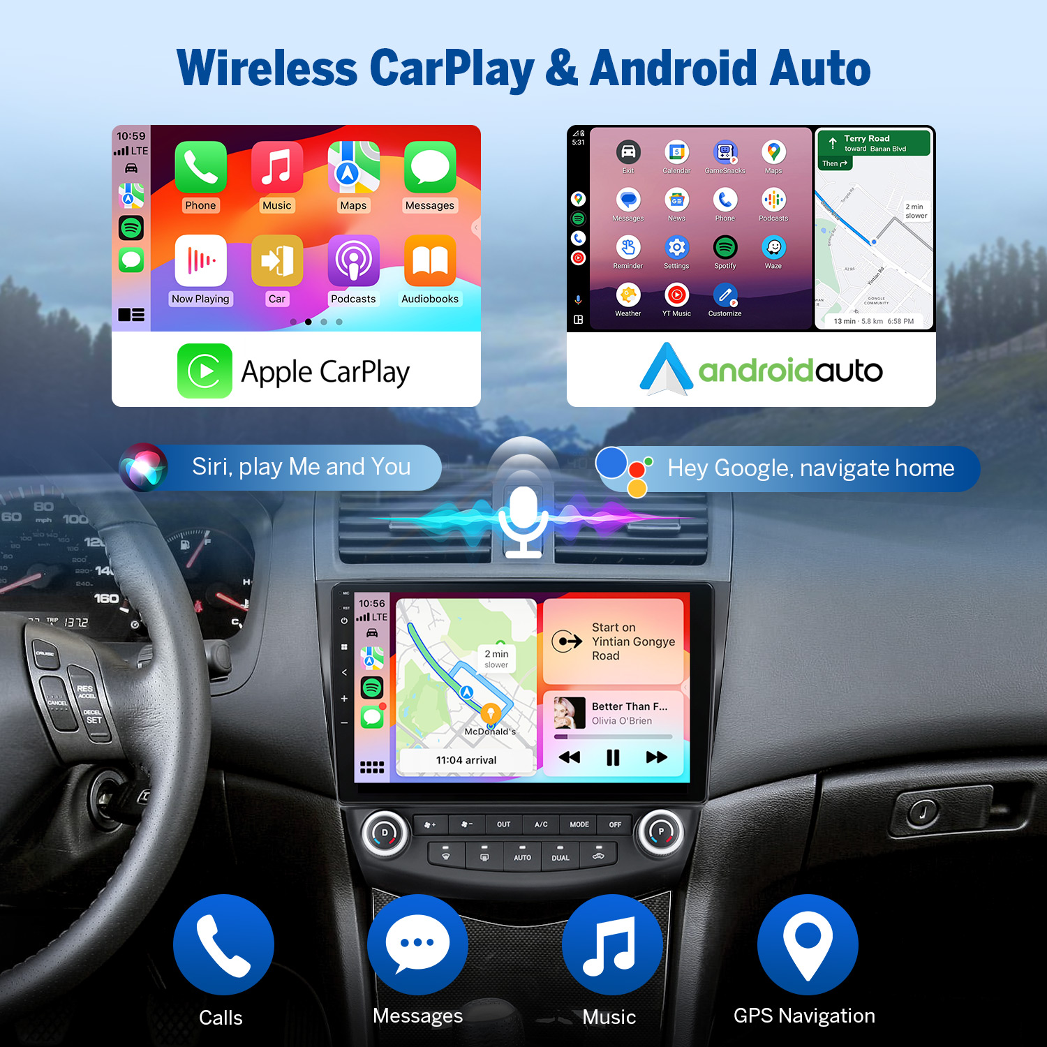 Eonon 10.1" Android 14 Car Radio with Wireless CarPlay & Android Auto for 2003-2007 Honda Accord
