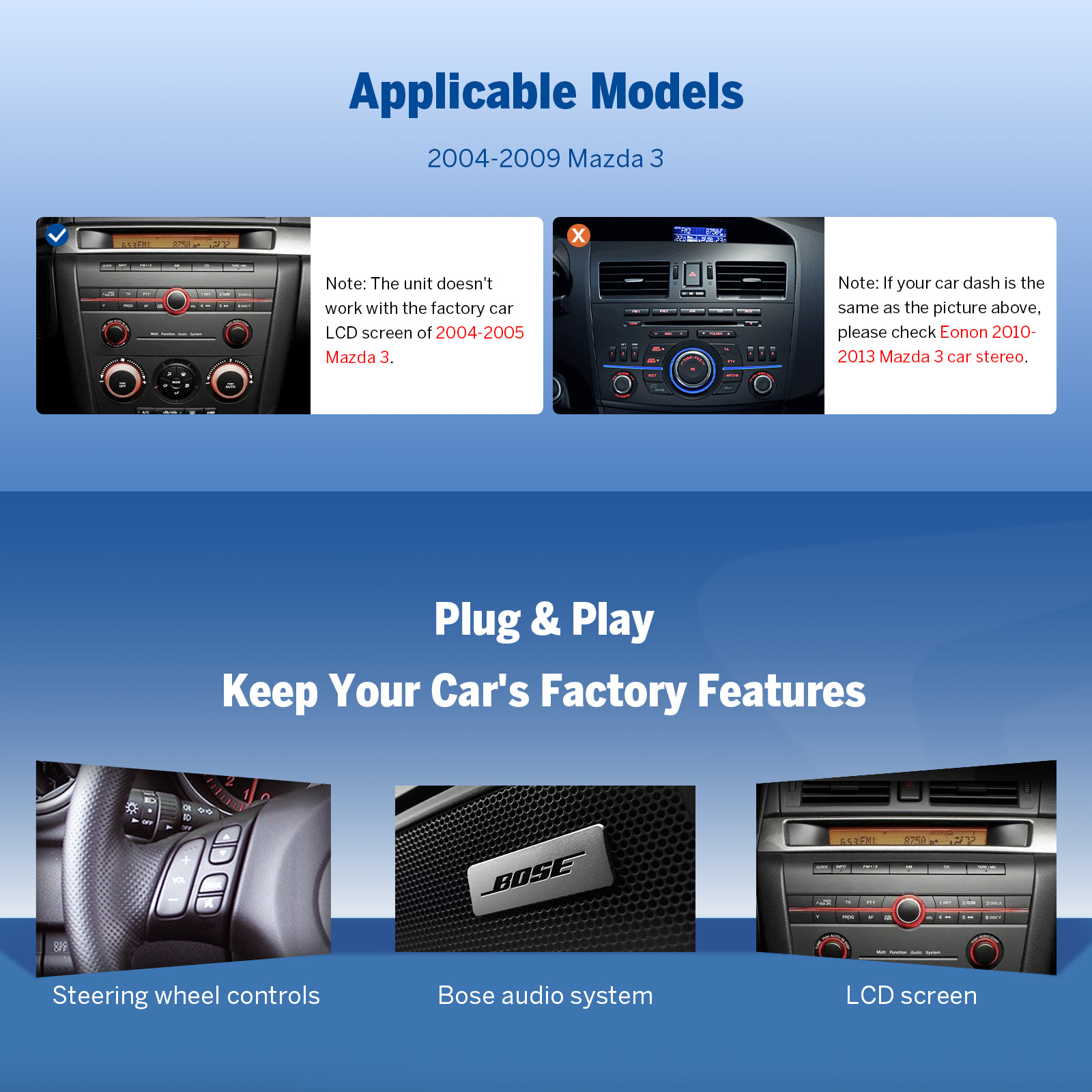 Eonon Prime Day Sale 9" Android 14 Car Radio with Wireless CarPlay & Android Auto for 2004-2009 Mazda 3