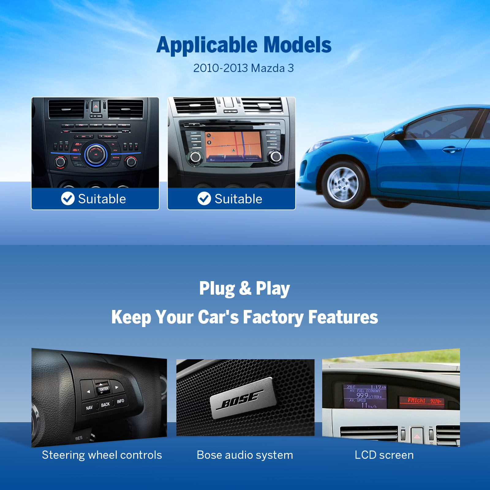 Eonon 10-13 Mazda 3 CarPlay & Android Car Stereo with Qualcomm QCM6225 8-Octa CPU