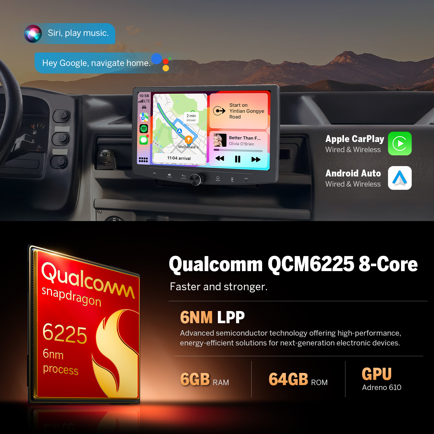 Eonon 10.1" 2 Din Android Car Stereo – Wireless CarPlay & Android Auto, Qualcomm QCM6125, 8-Core, 6GB RAM 64GB ROM