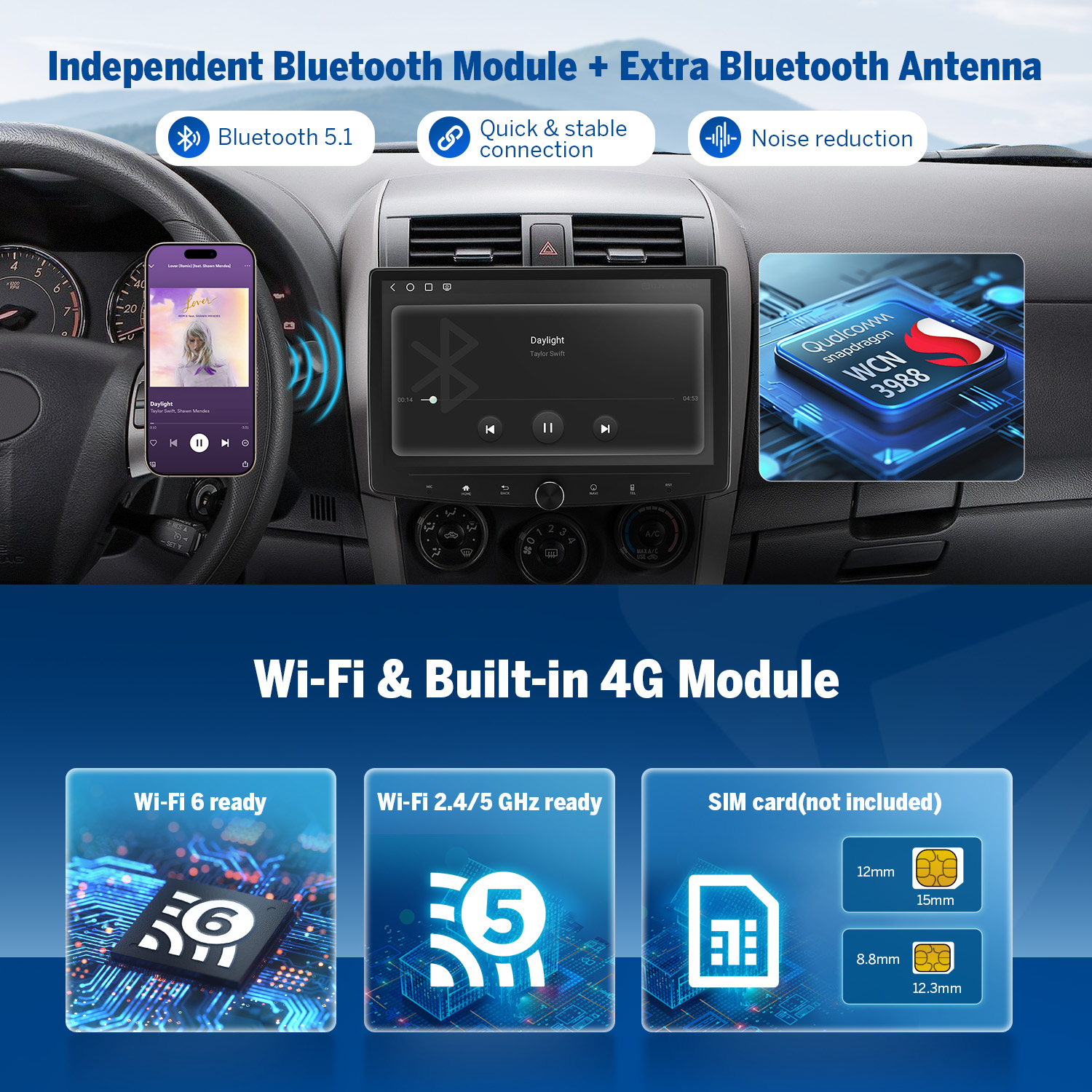 Eonon 10.1" 2 Din Android Car Stereo – Wireless CarPlay & Android Auto, Qualcomm QCM6125, 8-Core, 6GB RAM 64GB ROM
