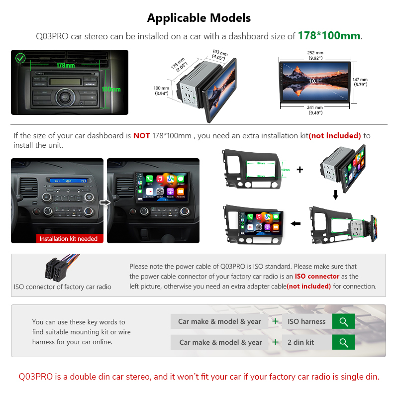 Eonon 10.1 Inch Android 10 Universal Double Din Car Stereo with Octa-core processor and 3GB RAM - Q03PRO